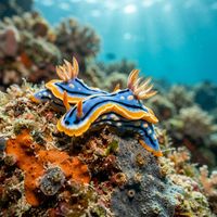 Chromodoris nudibranch with vivid blue, white and black banded body crawling across a coral reef.