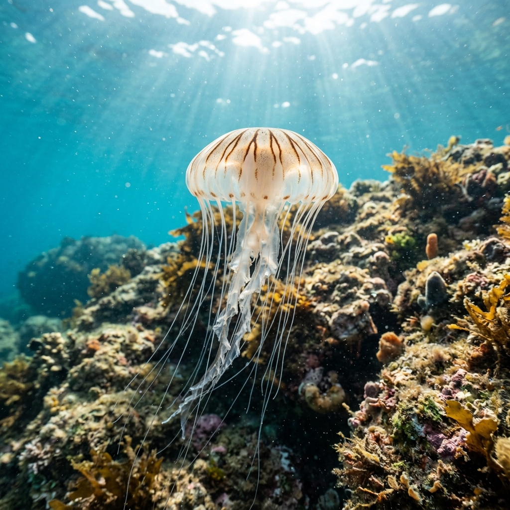 Compass jellyfish with a pale bell marked by brown V-shaped radial lines and long trailing tentacles, drifting in open water.