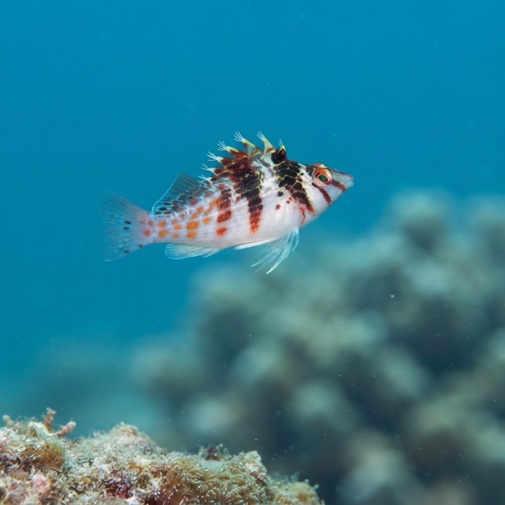 Dwarf hawkfish with white body and red-brown blotches perched on branching coral on a reef.
