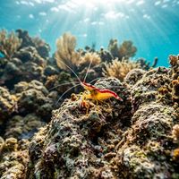 Cleaner shrimp with red and white striped body and long white antennae perched on a coral reef ledge.