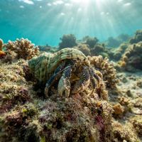 Coastal hermit crab with greenish legs and a striped shell perched on shallow reef rubble.