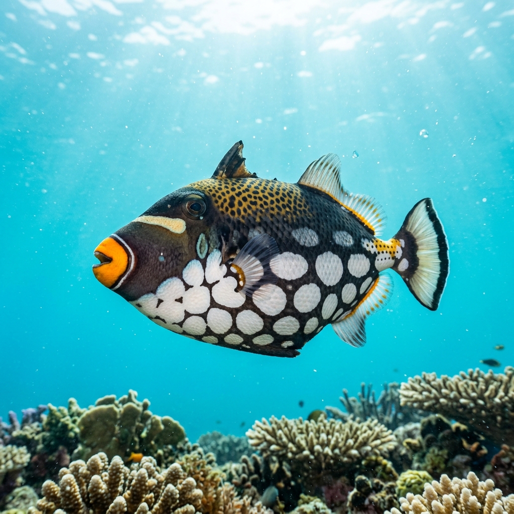 Clown triggerfish with large white spots on a black belly and bright yellow mouth markings hovering near a coral reef.