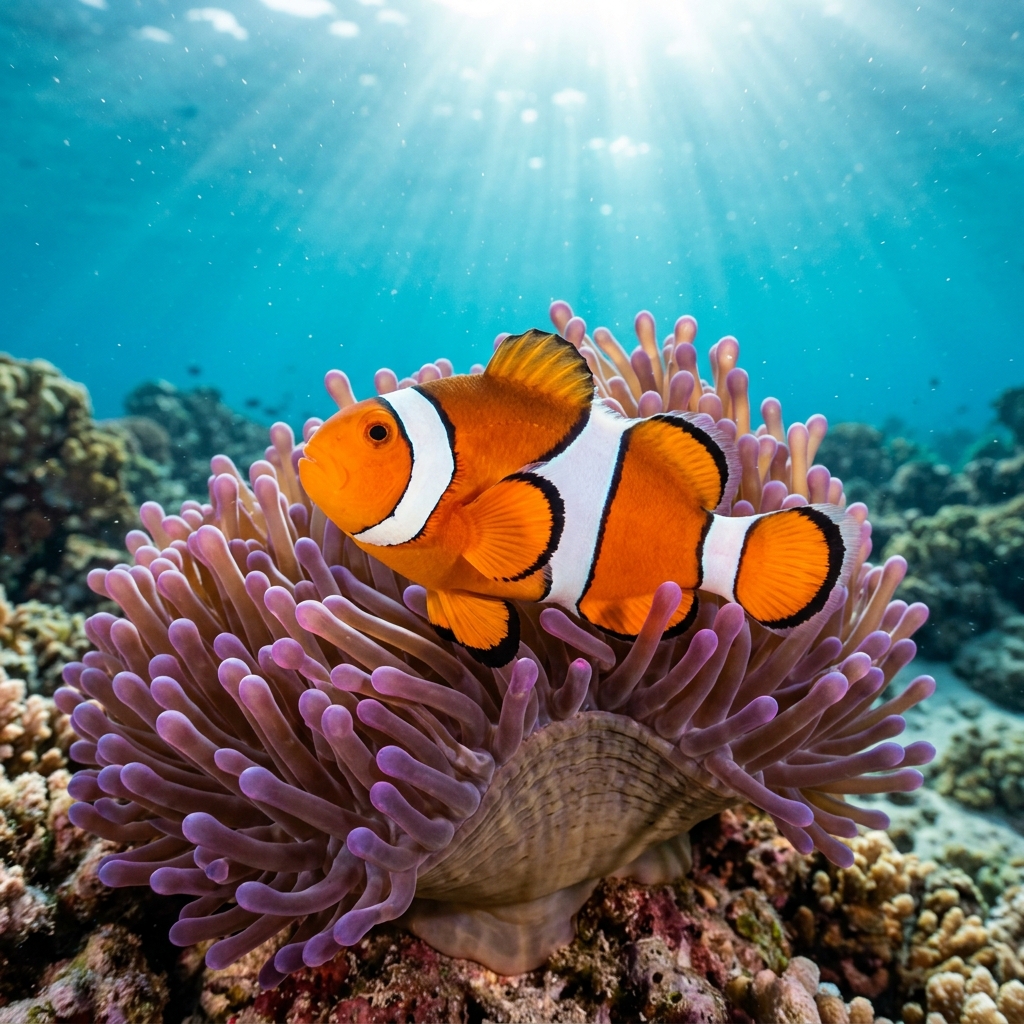 Clownfish (Amphiprion spp.) swimming in its natural underwater habitat