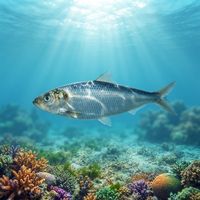 Tight school of small silver Pacific herring swimming in cold green water over a rocky reef.