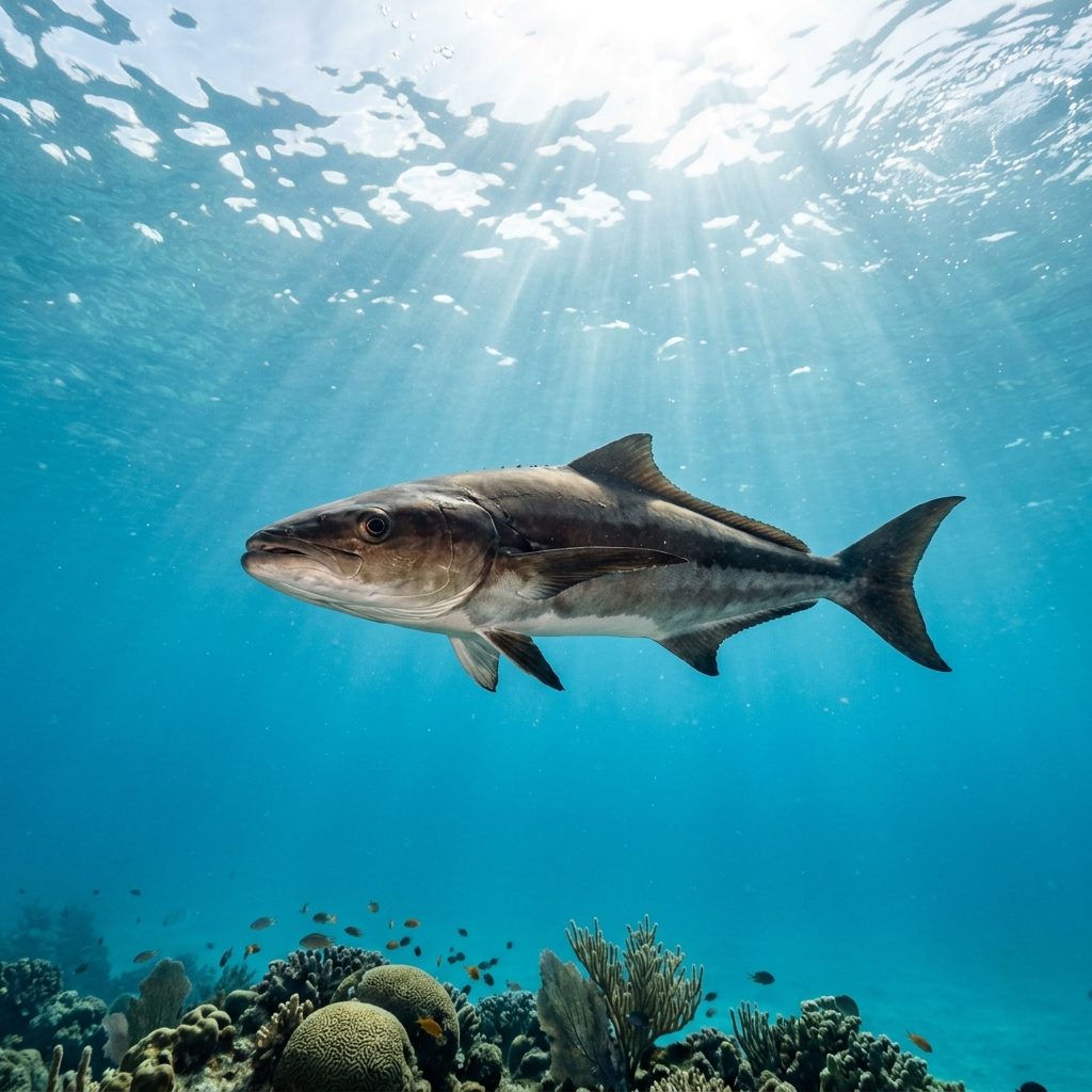 Cobia (Rachycentridae spp.) swimming in its natural underwater habitat