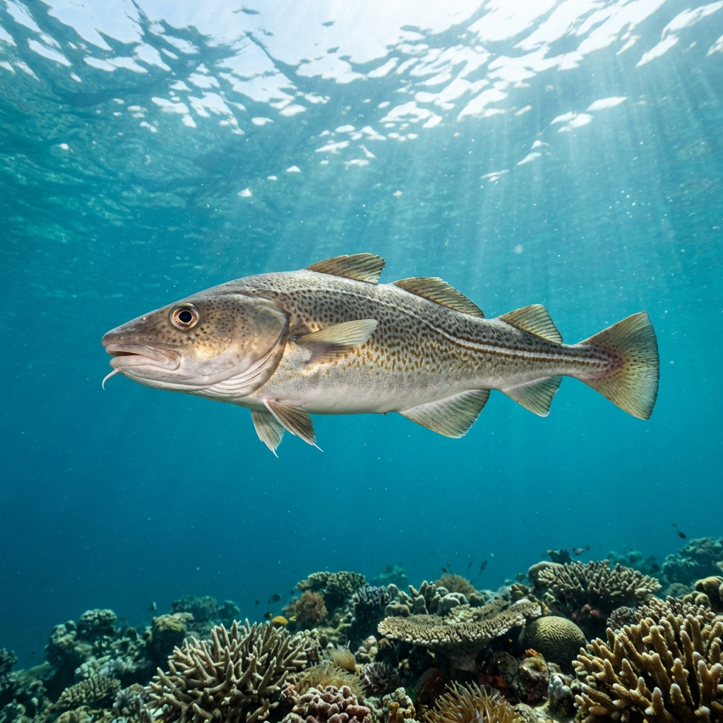 Cod (Gadidae spp.) swimming in its natural underwater habitat