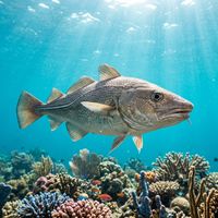 Cod with mottled brown and greenish colouring and a pale lateral line resting near a rocky reef in cold, green-tinged water.
