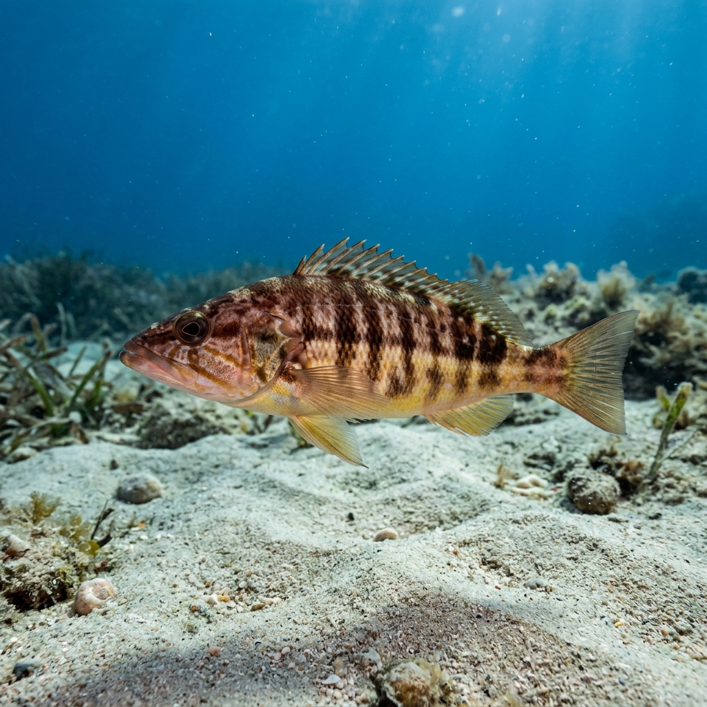Comber (Serranus cabrilla) swimming in its natural underwater habitat