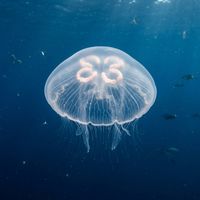 Common Moon Jellyfish with translucent white bell and four pink horseshoe-shaped gonads visible, drifting in open blue water.