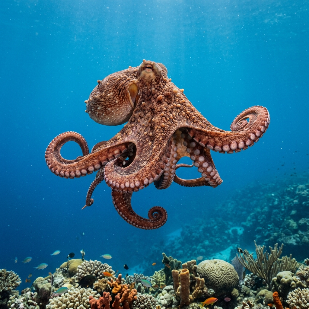 Common Octopus (Octopus vulgaris) in its underwater habitat