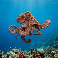 Common octopus with mottled brown and orange skin texture clinging to a rocky reef in shallow water.