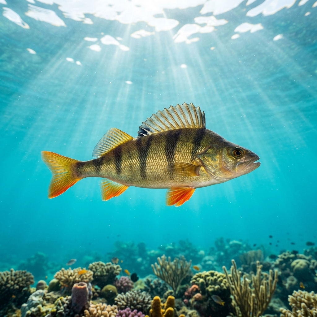 Common Perch (Perca fluviatilis) swimming in its natural underwater habitat