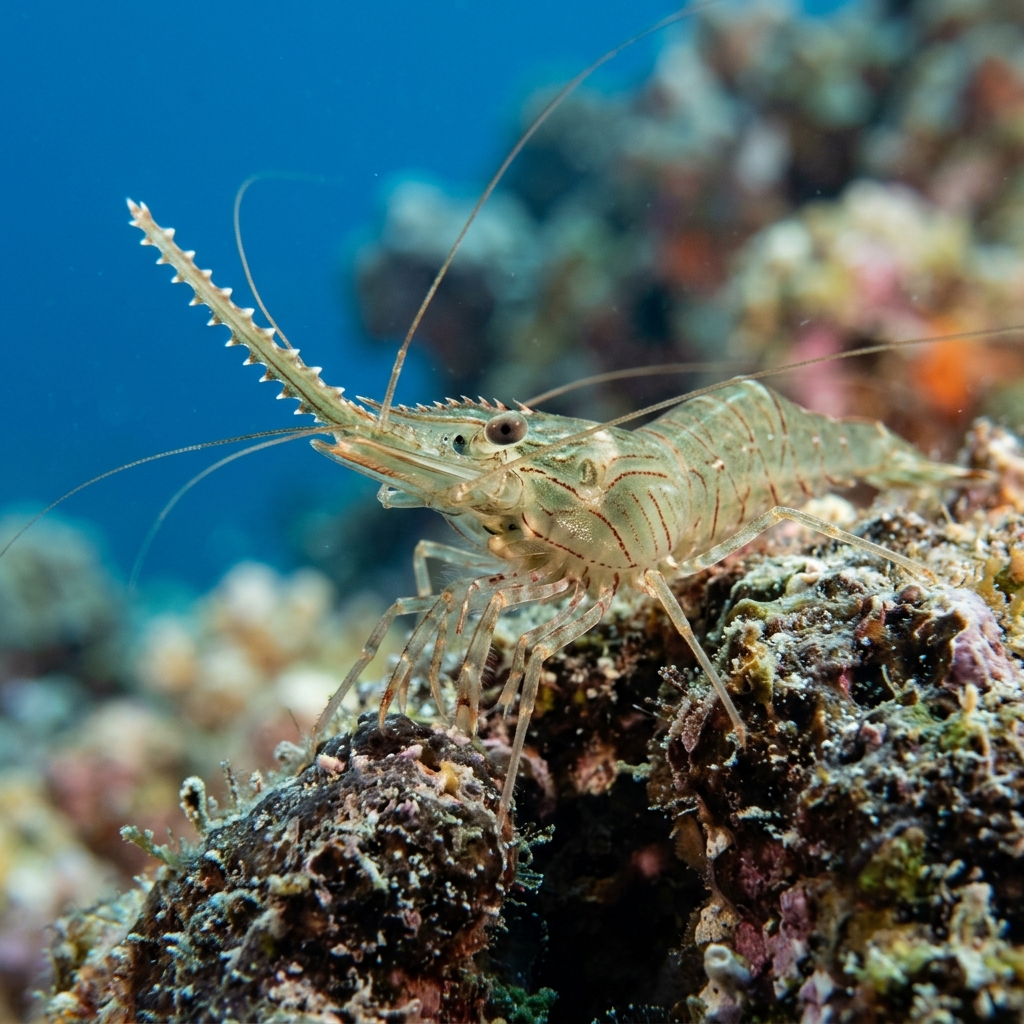 Common Prawn (Palaemon serratus) on a coral reef