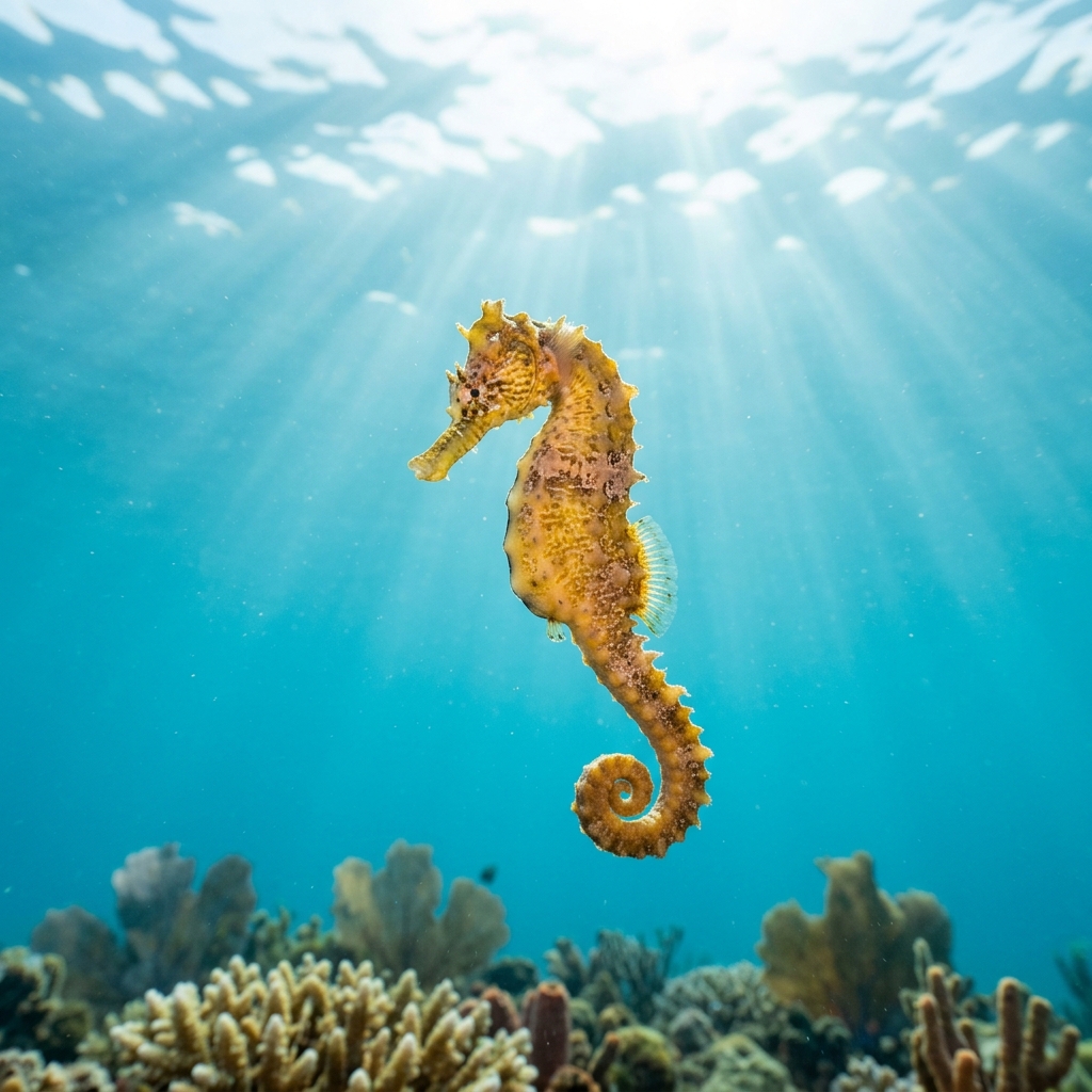 Common seahorse clinging to a coral branch, pale yellow-brown with faint dark banding, on a shallow tropical reef.