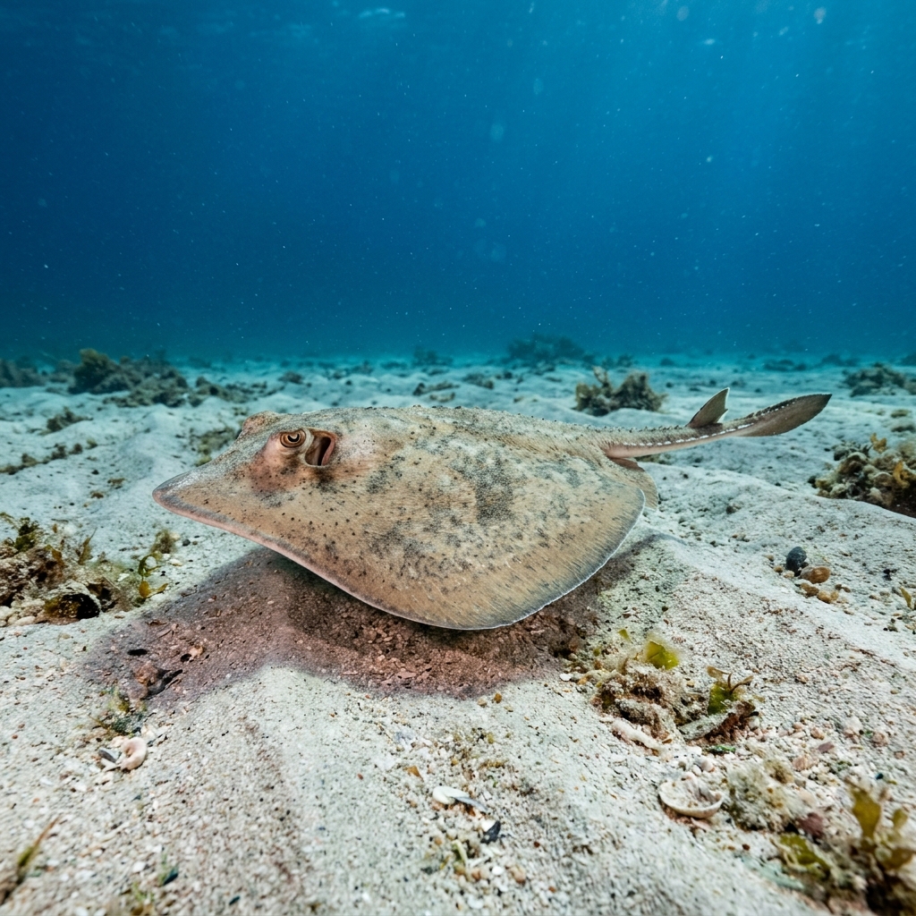 Common Stingaree (Trygonoptera testacea) gliding over the seafloor