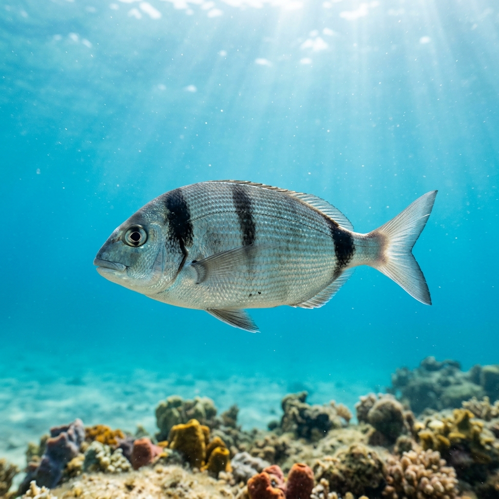 Common Two Banded Seabream (Diplodus vulgaris) swimming in its natural underwater habitat