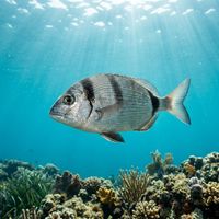 Two-banded seabream with silver body, two distinct black bands near tail and shoulder, swimming over a rocky Mediterranean reef.