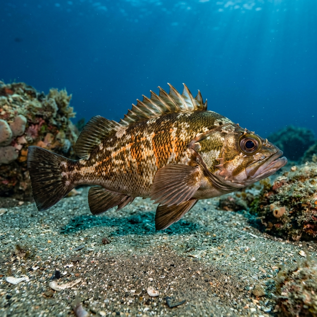 Copper Rockfish (Sebastes caurinus) swimming in its natural underwater habitat