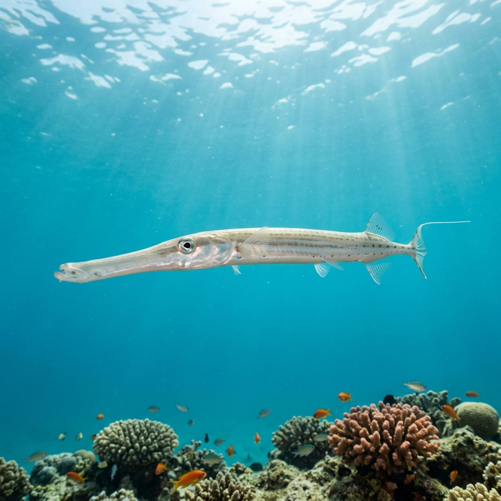 Cornette Fish (Fistularia commersonii) swimming in its natural underwater habitat