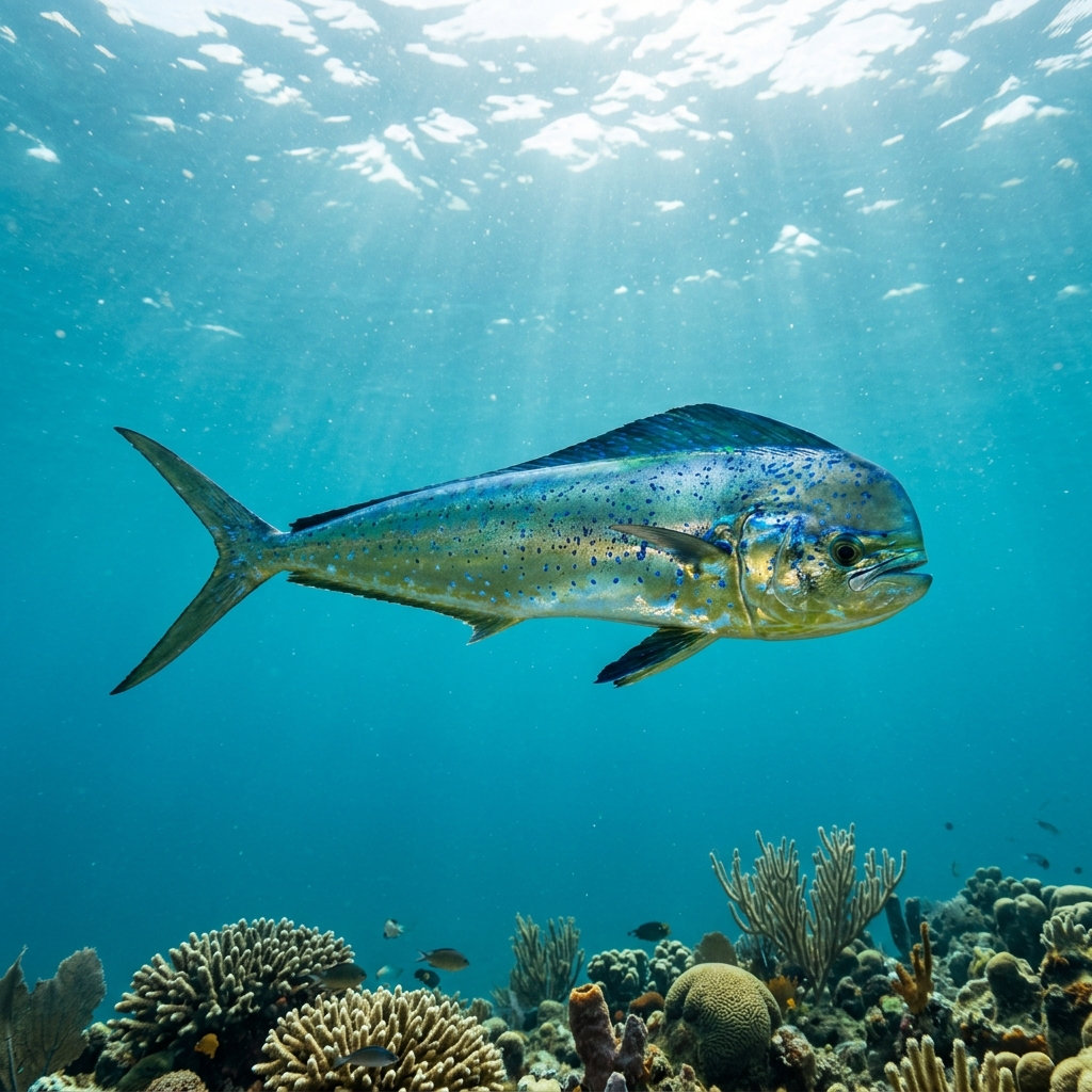 Common dolphinfish showing bright yellow-green and blue iridescent flanks swimming in open blue water.