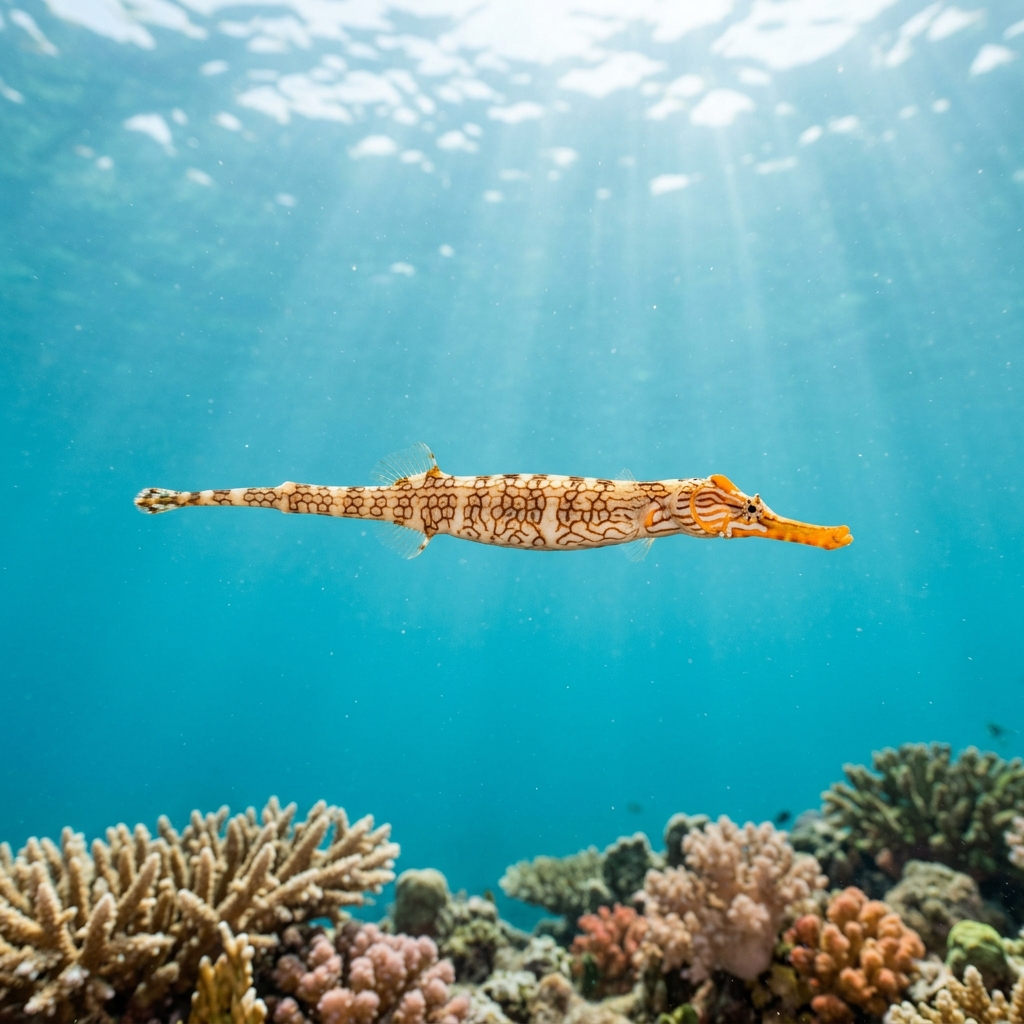 Network pipefish with pale body and brown reticulated network pattern resting among coral rubble on a shallow reef.