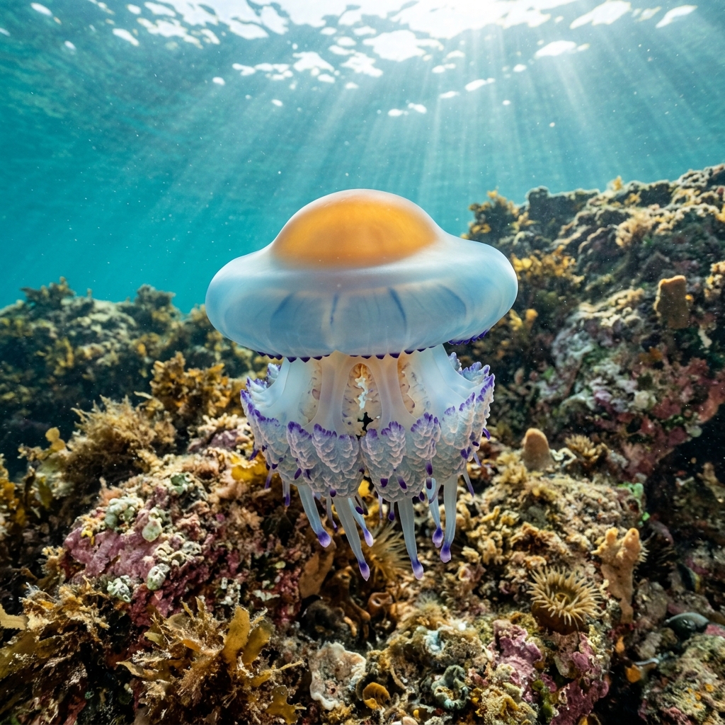 Fried egg jellyfish with a white dome and raised yellow central disc floating in open blue water.