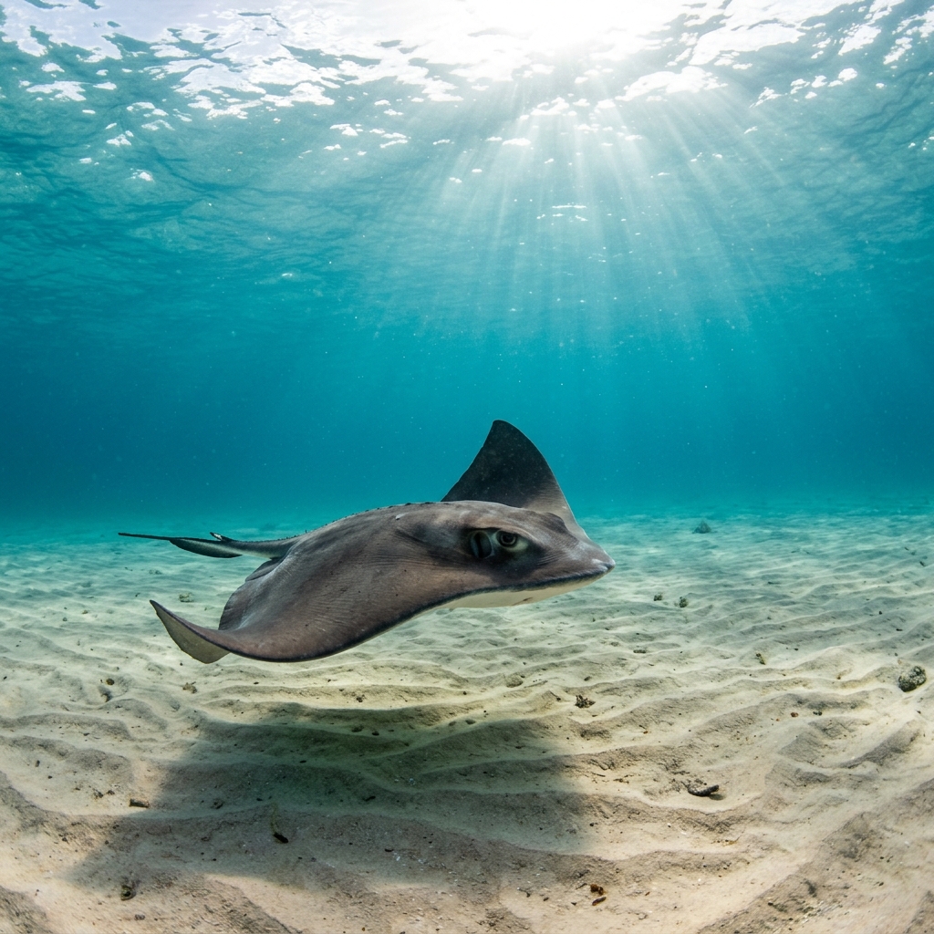 Cownose Ray (Rhinopteridae spp.) gliding over the seafloor