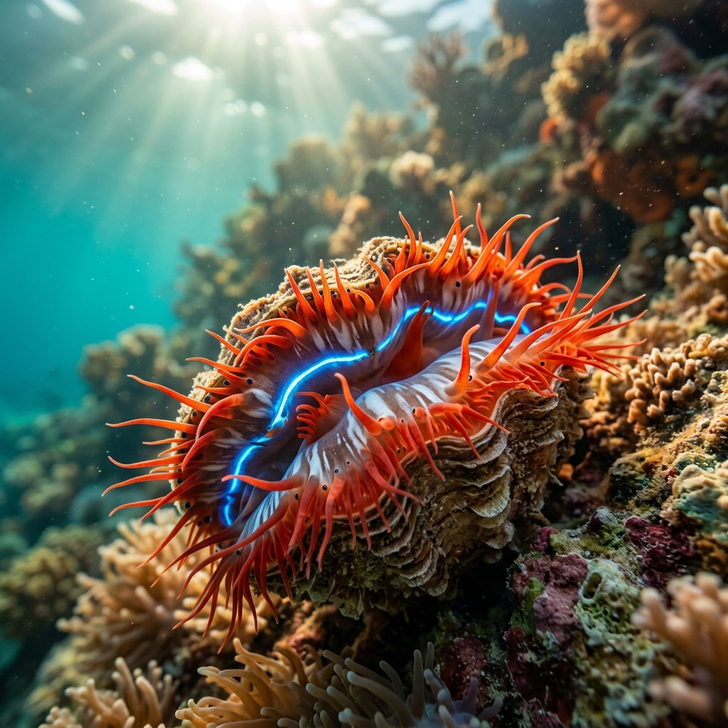 Disco clam with bright orange mantle and rapid silver-white flashing lip edges, nestled in a crevice on a tropical coral reef.