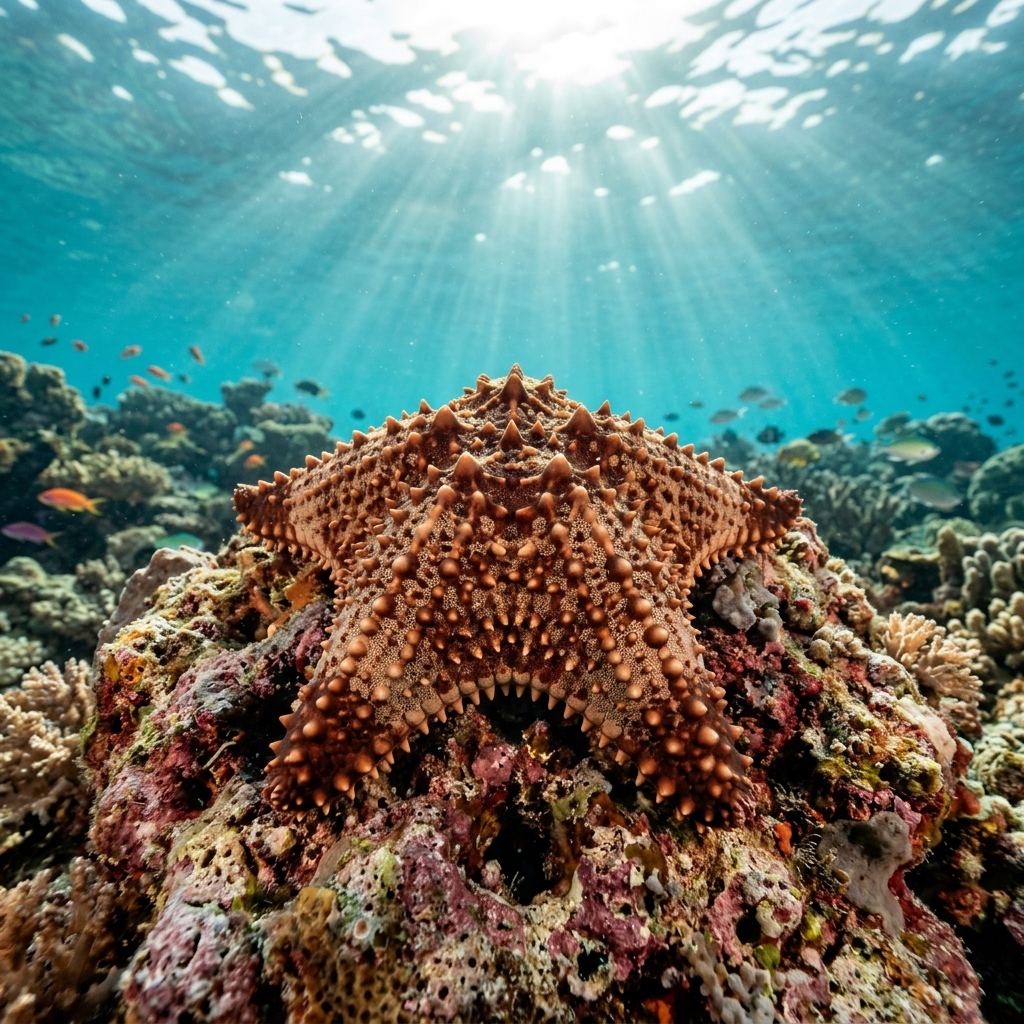 Cushion Star with rounded, inflated orange-brown body and short stubby arms resting on a coral reef.