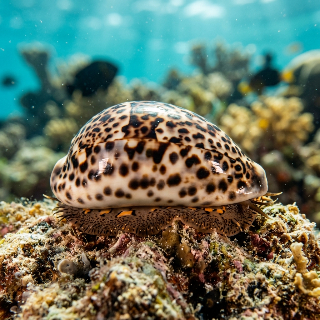 Tiger cowrie with a glossy white shell covered in dark brown and black spots resting on a coral reef.
