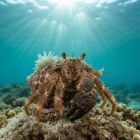 Pale anemone hermit crab with mottled pale legs peeking from its shell, perched on coral rubble.