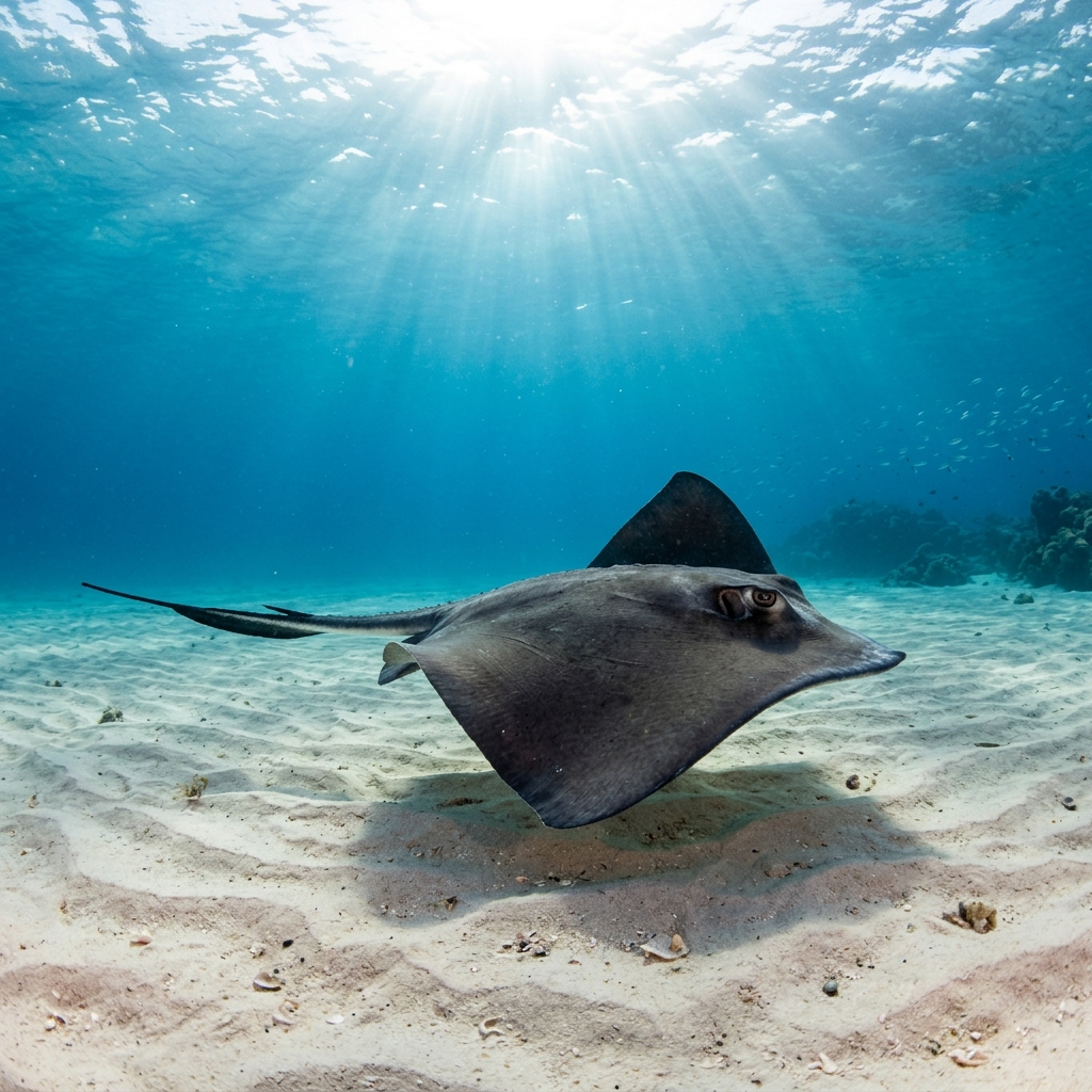 Common stingray resting on sandy seafloor, showing its flat diamond-shaped brown disc and long whip-like tail.