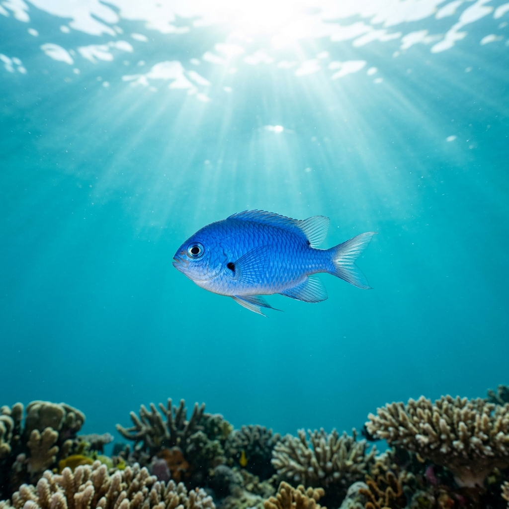 Demoiselle (Chromis spp.) swimming in its natural underwater habitat