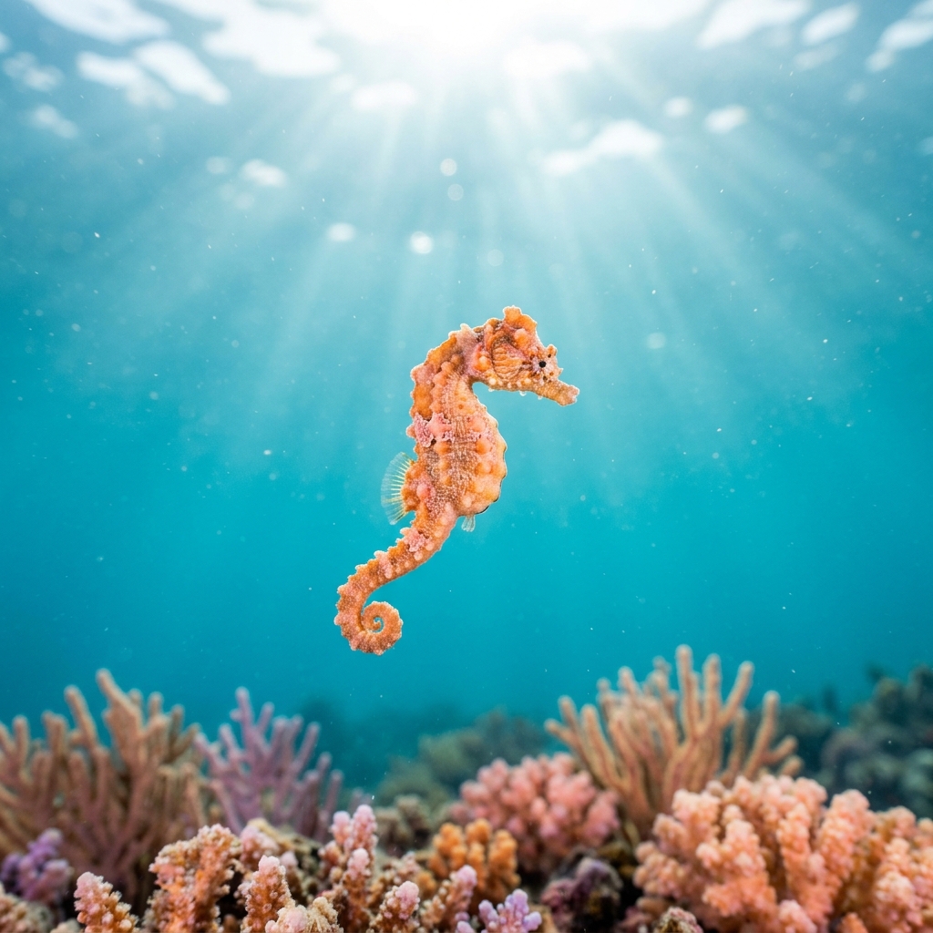 Denise's Pygmy Seahorse clinging to a sea fan coral, showing its small orange-yellow body with pale tubercles against a matching coral background.