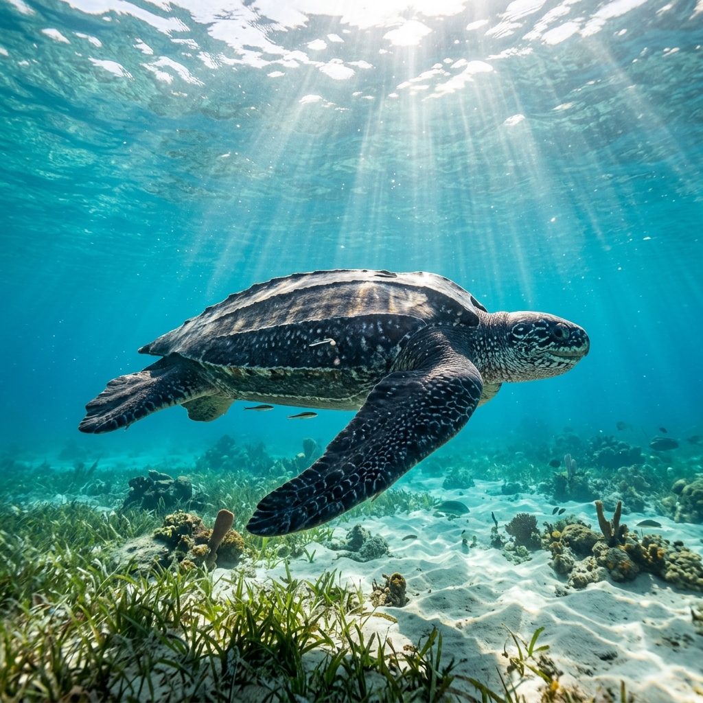 Leatherback sea turtle with dark ridged leathery shell and pale spotting swimming in open blue water.