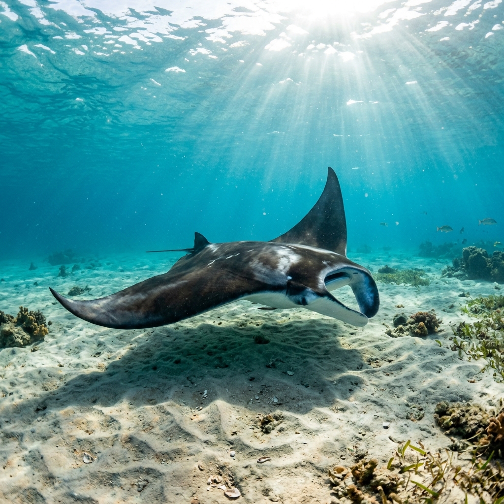 Devil Ray (Mobulidae spp.) gliding over the seafloor