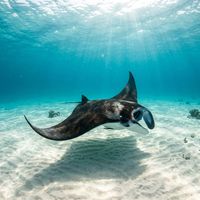 Spinetail Devil Ray seen from below, showing dark dorsal surface, pale underside, and distinctive cephalic fins, swimming in open blue water.
