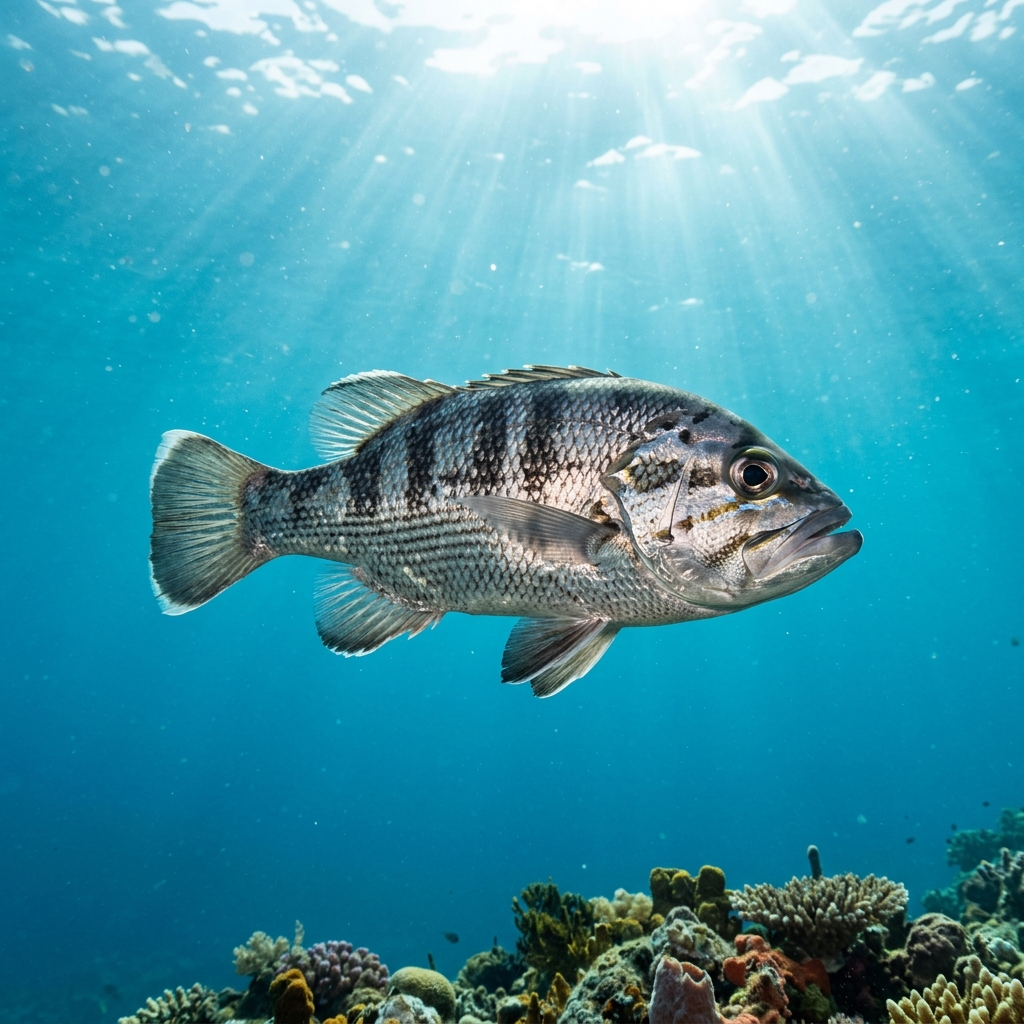 Dhufish (Glaucosoma hebraicum) swimming in its natural underwater habitat
