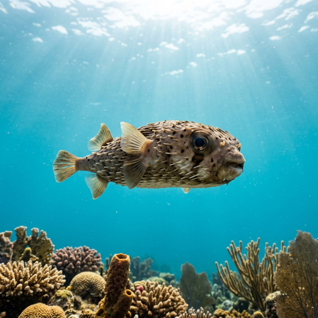 Diodon (Diodon spp.) swimming in its natural underwater habitat