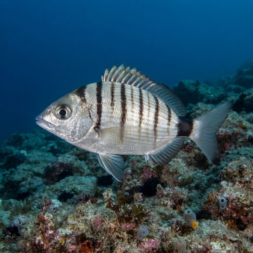 Adult sharpsnout seabream with silvery body and dark tail band hovering near a rocky Mediterranean reef.