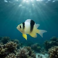 White damselfish with pale grey body and faint dark bar hovering over sandy reef flat.