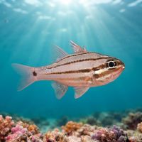 Small reddish-brown Doederlein's cardinalfish hovering close together over a rocky reef ledge.