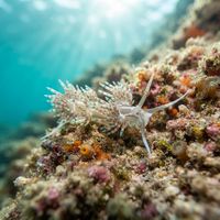 Fringe-back nudibranch with translucent body and orange-tipped cerata on coral rubble.
