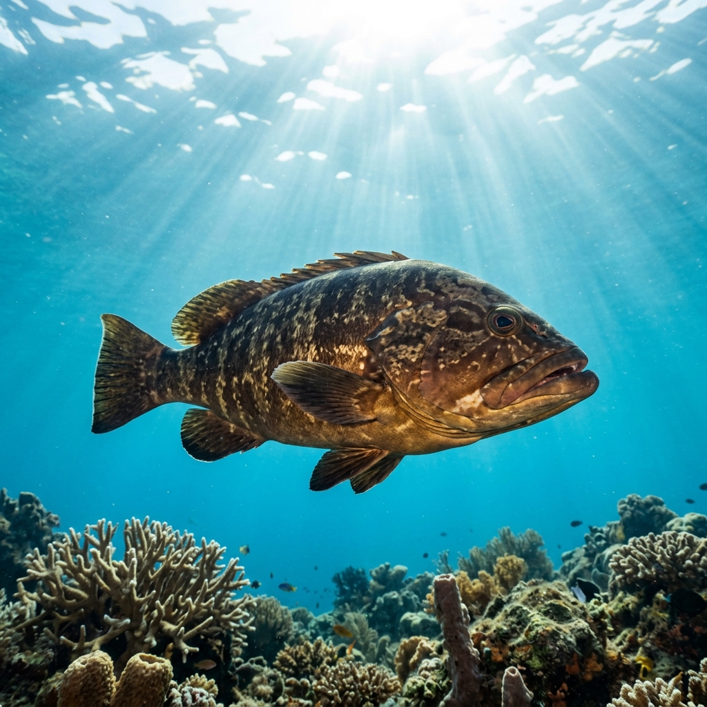 Dusky grouper with mottled brown and olive patterning resting near a rocky Mediterranean reef.