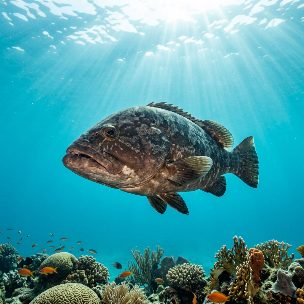 Dusky Grouper (Epinephelidae spp.) swimming in its natural underwater habitat