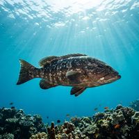 Grouper with mottled brown and white patterning resting on a coral reef in clear blue water.