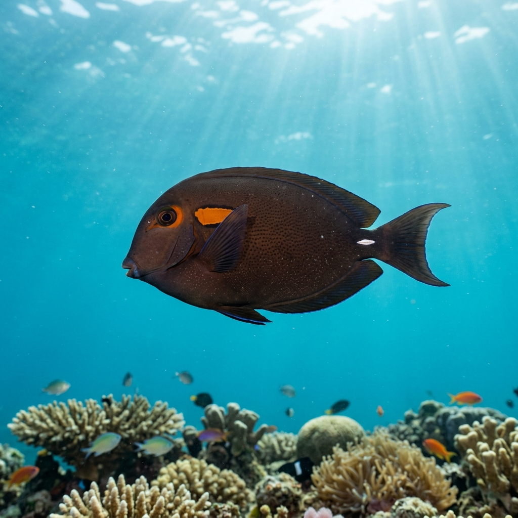 Dusky surgeonfish with dark brownish-grey body and faint blue highlights swimming close to a tropical coral reef.