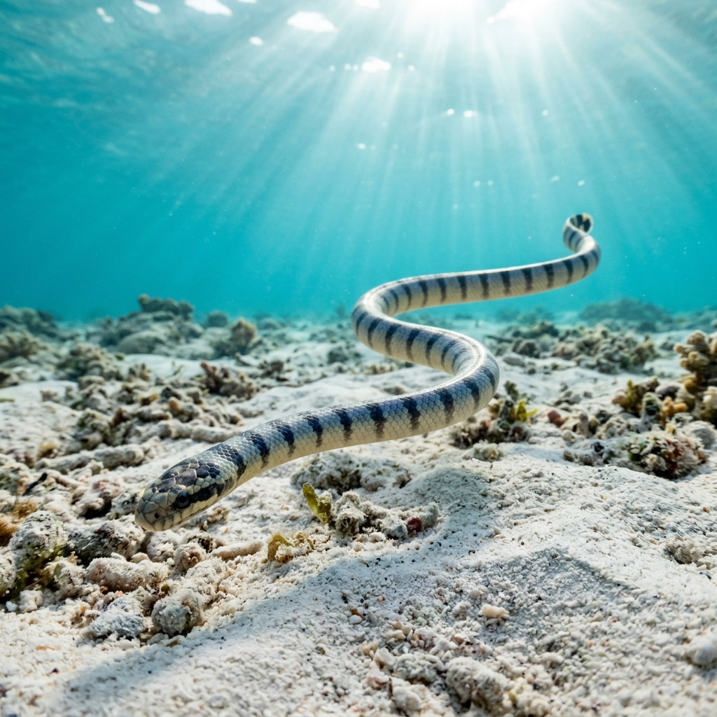 Dwarf Sea Krait (Laticauda frontalis) swimming through warm coastal waters