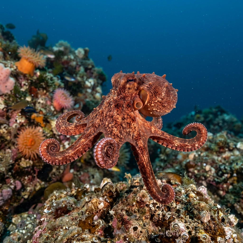 East Pacific Red Octopus (Octopus rubescens) in its underwater habitat