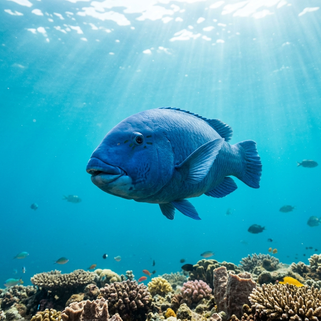 Eastern Blue Groper adult male displaying vivid blue-green colouration swimming over a rocky temperate reef.